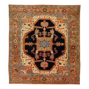 1920s Orange Antique Persian Serapi Handmade Wool Rug With Medallion Motif