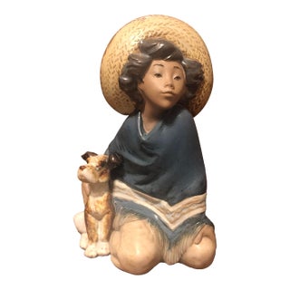 1980s Spanish Lladro "Fernando" Boy With Dog Porcelain Figurine - Gres Finish For Sale