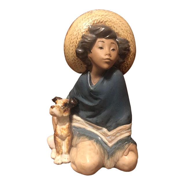 1980s Spanish Lladro "Fernando" Boy With Dog Porcelain Figurine - Gres Finish For Sale