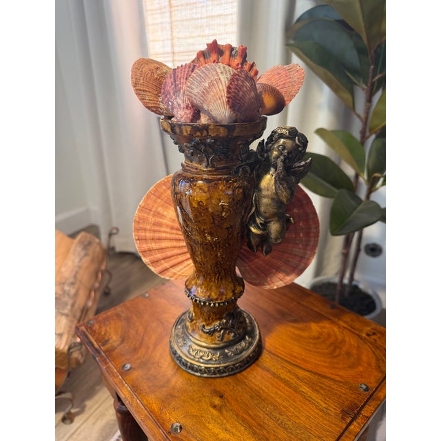 Brick Red Celestial Meets the Sea-Shell Incrusted Candleholder-Coastal Art Sculpture For Sale - Image 8 of 8