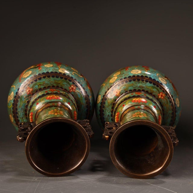 Pair of Vintage Cloisonne Enamel Vases – 11.8" Dragon & Phoenix Bottle Vases For Sale - Image 4 of 10