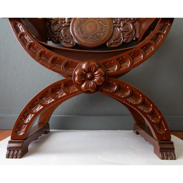 Spanish Colonial Savonarola Chair With Carved Lion Heads and Tooled Leather For Sale - Image 12 of 18