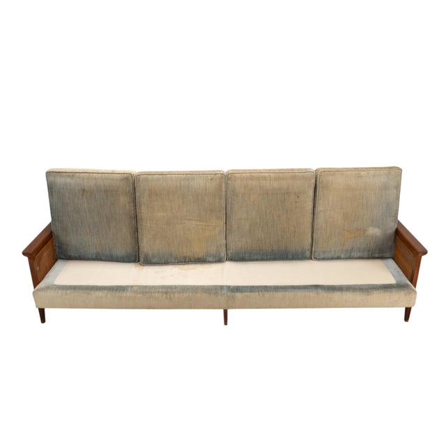 1960s Mid Century Modern Caned Walnut Velvet Long Sofa for Reupholstery 101" For Sale - Image 11 of 16