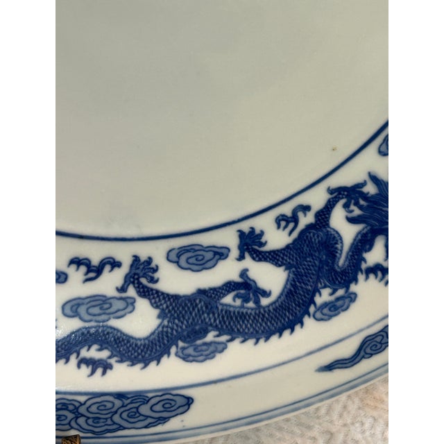 Metal Vintage Blue and White Dragon and Phoenix Chinoiserie 14.75” Charger on Stand For Sale - Image 7 of 12