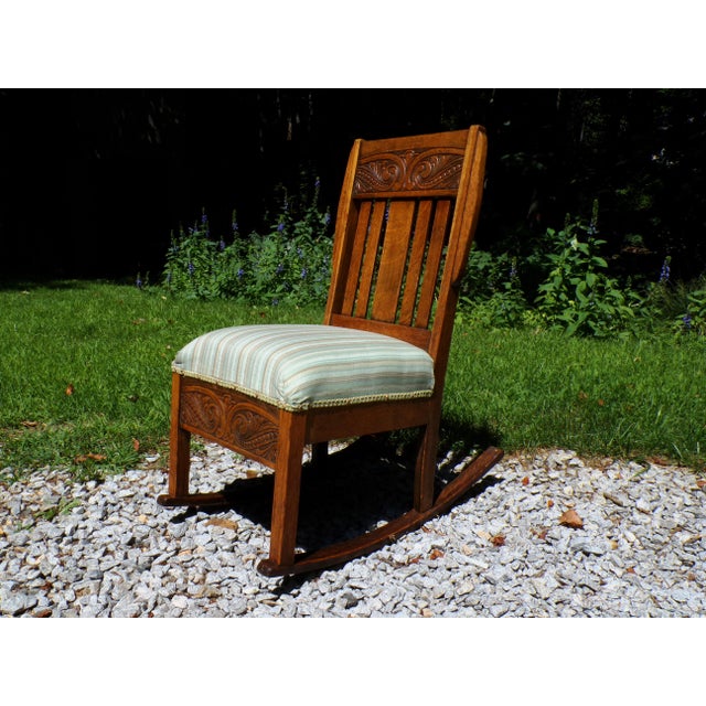Brown Antique Arts & Crafts Art Nouveau Mission Solid Oak Rocker Rocking Chair For Sale - Image 8 of 17