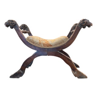 19th Century Italian Walnut Curule Stool With Ram's Head Carving For Sale