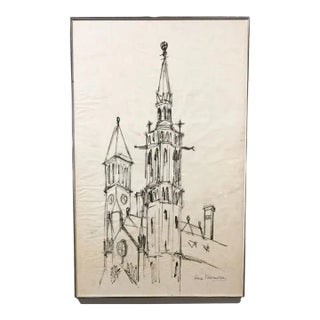 Large Mid Century Church Drawing, Signed For Sale