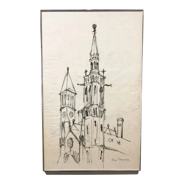 Large Mid Century Church Drawing, Signed For Sale
