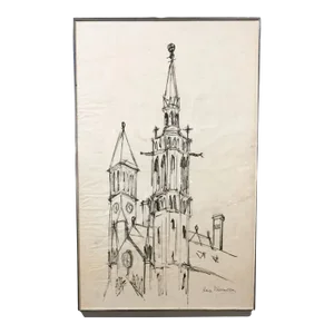 Large Mid Century Church Drawing, Signed