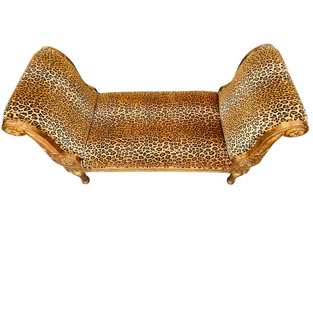 Hollywood Regency Neoclassical Giltwood Bench With Rolled Arms and Leopard Print by Italmond For Sale - Image 3 of 11