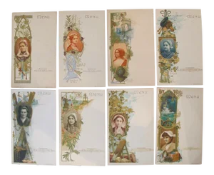 Set of 8 Art Nouveau Belle Epoque Trade Cards, French