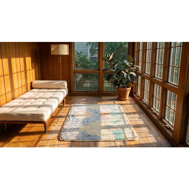 Splendid Sky-Blue Color With Unique Celestial Pattern Antique American Hooked Rug For Sale - Image 13 of 13