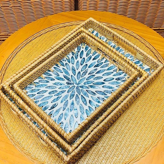 Rustic Set of Three Rattan Blue Mother-of-Pearl Inlaid Trays For Sale - Image 3 of 4