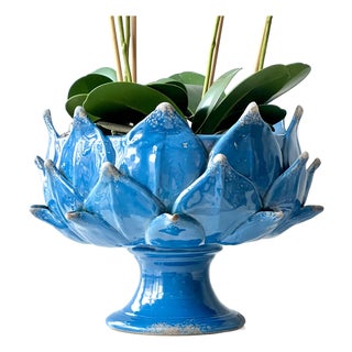 Italian Majolica Artichoke Pedestal Bowl, Mediterranean Blue For Sale