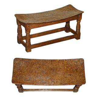 Important 1930s Antique Burr Oak Robert Mouseman Thompson Curved Stool Bench For Sale