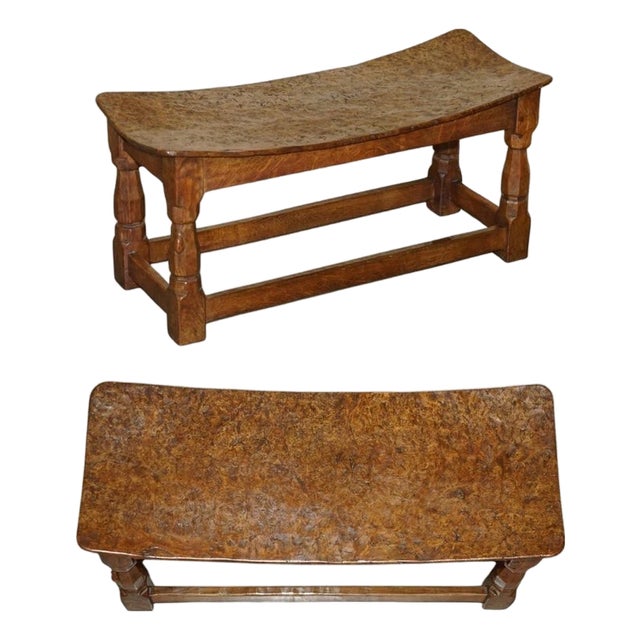 Important 1930s Antique Burr Oak Robert Mouseman Thompson Curved Stool Bench For Sale