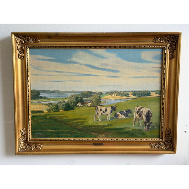 Gold Rasmus Christiansen, Danish Fjord Landscape with Grazing Cattle, Oil on Canvas, 1920s For Sale - Image 8 of 8