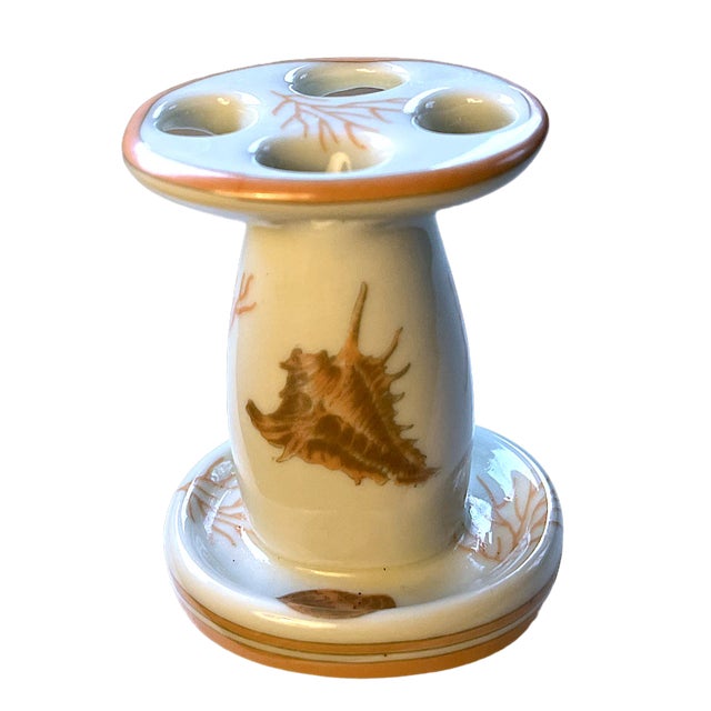 Cream 1990s Vintage Amita Coral and Seashell Porcelain Tissue Toothbrush Box Bathroom Vanity Set of 3 For Sale - Image 8 of 11