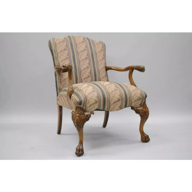 Mid 20th Century Vintage Georgian Style Carved Mahogany Figural Faces Paw Foot Lounge Arm Chair For Sale - Image 11 of 11