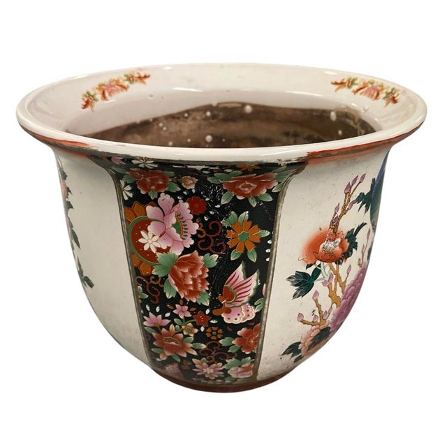 Vintage Chinoiserie Ceramic Peacock and Peony Fishbowl Jardinier Vase For Sale In West Palm - Image 6 of 12