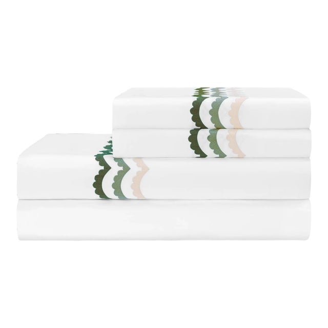 Celerie Kemble + Hamburg House Green Scallop Cal. King Sheet Set - 4 Pieces For Sale