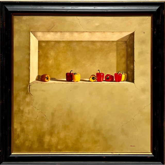 Rene Chavelle, Large Trompe L'oeil Oil Painting Rene Chavelle Belgian Photo Realist Peppers, c.1980's For Sale