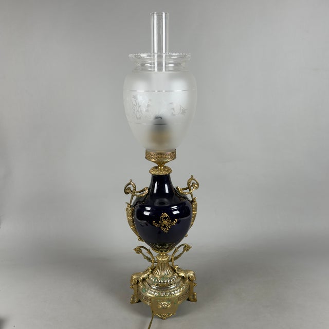 Antique French Porcelain, Brass and Satin Glass Table Lamp, 20th Century For Sale - Image 4 of 13