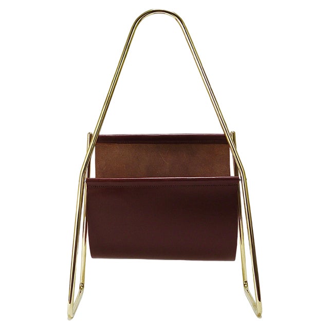 Mid-Century Magazine Rack in Brass and Brown Leather attributed to Carl Auböck, Austria, 1950s For Sale