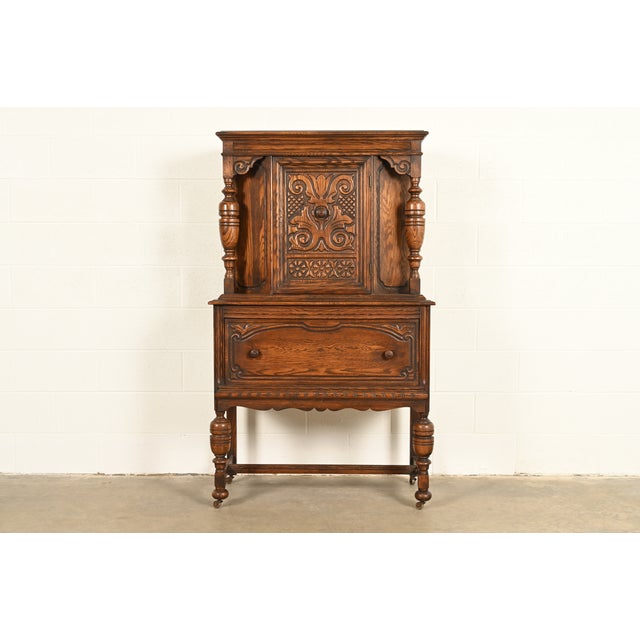 Bernhardt Furniture Antique English Jacobean Carved Oak Bar Cabinet, Circa 1930s For Sale - Image 16 of 16