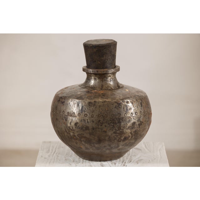 Rustic Vintage Indian Hammered Metal Water Vessel with Wooden Stopper For Sale - Image 3 of 13