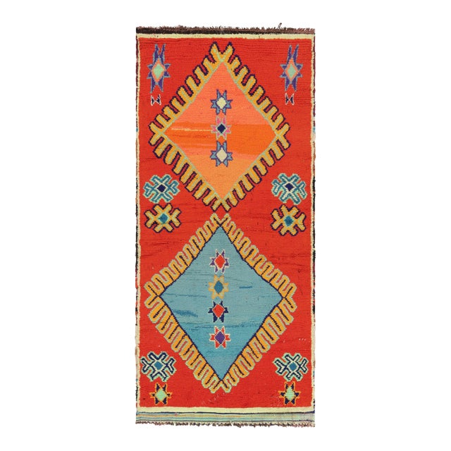 Vintage Moroccan Runner Rug, Red With Orange and Blue Medallions - Rug & Kilim For Sale