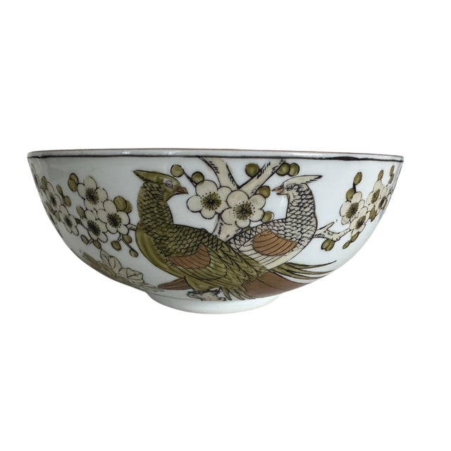 Imari Porcelain 1960s Gold-Imari Green and White Birds of Paradise Center Bowl For Sale - Image 4 of 7