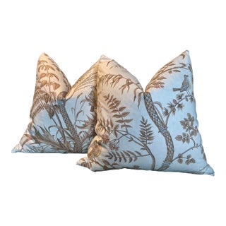 Brunschwig and Fils Bird and Thistle in Beige Pillows - A Pair For Sale