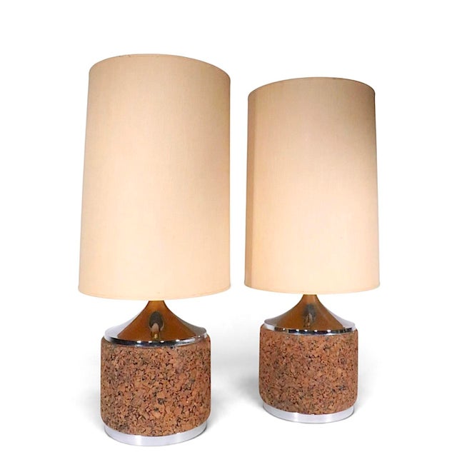 Brown Mid 20th Century Danish Modern Cork and Chrome Table Lamps With Original Shades - Pair For Sale - Image 8 of 14