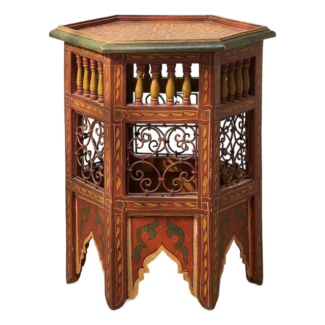 Vintage Moroccan Hand-Painted Hexagonal Side Table For Sale