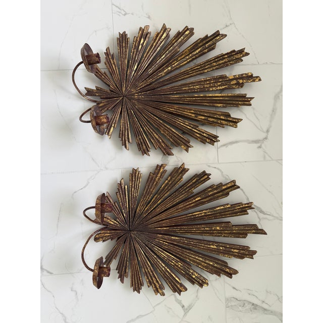 1970s a Pair of Wood Sunburst Form Wall Sconces For Sale - Image 6 of 7