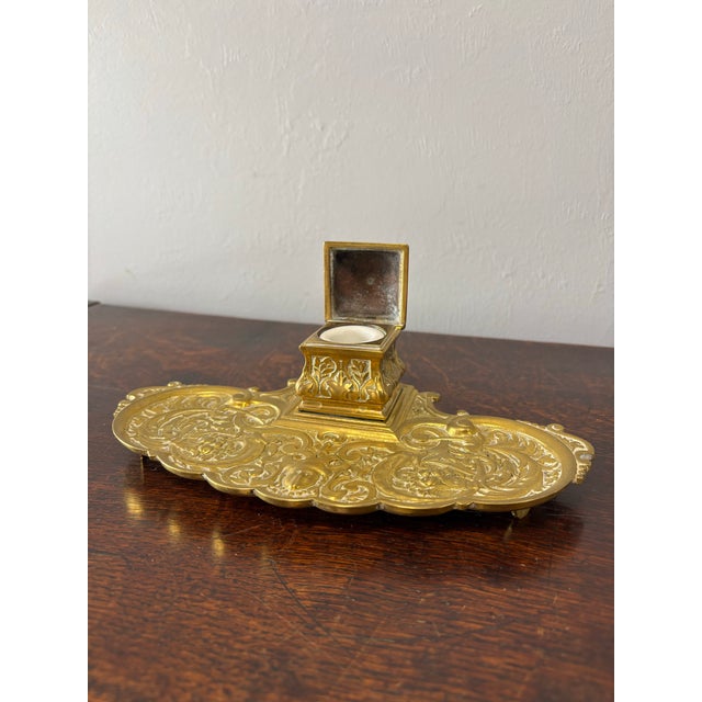 Metal Antique French Brass Inkwell For Sale - Image 7 of 8