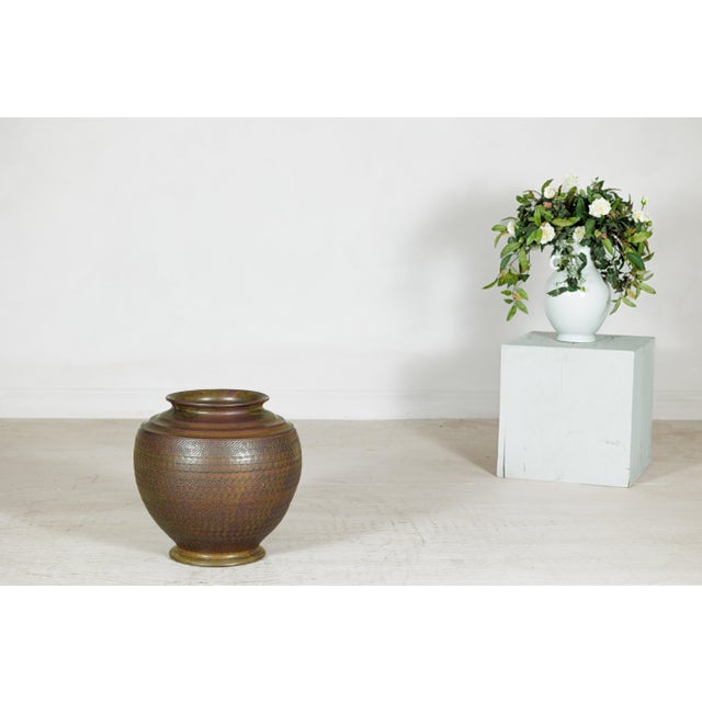 Large Artisan Ceramic Vase with Intricate Textured Pattern in Brown & Green For Sale - Image 17 of 18