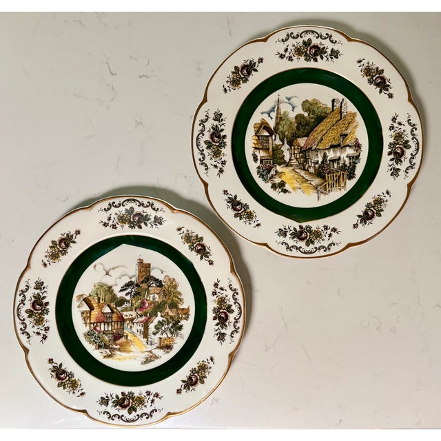 1950s Green and Gold English"Ascot" Decorative Plates by Wood and Sons, Set of 2 For Sale In Palm Springs - Image 6 of 8