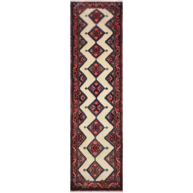 Geometric Persian Tribal Ivory/Red Wool Runner Rug- 2'6'' X 9'9'' For Sale - Image 10 of 10