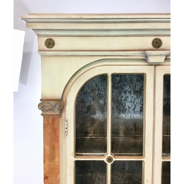 Elegant vintage continental Neoclassical style display cabinet/bookcase, ivory finished wood with brown columns, Vintage...