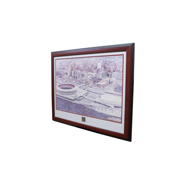 Vintage Riverfront Stadium lithograph print by Steve Ford. Signed below the stadium. Includes a piece of turf from the...