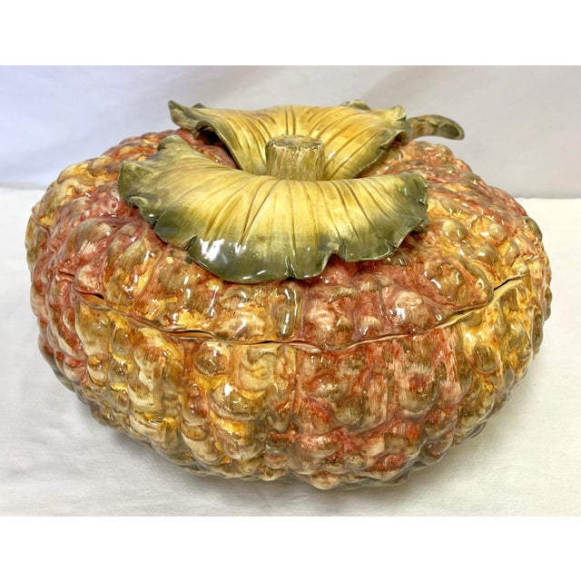 Wonderful large vintage soup tureen with matching lid and ladle. It is made of ceramic in the Italian majolica style with...