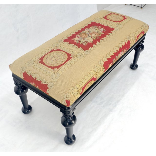 Tapestry Upholstery Massive Turned Black Lacquer Legs Window Bench MINT For Sale - Image 14 of 14