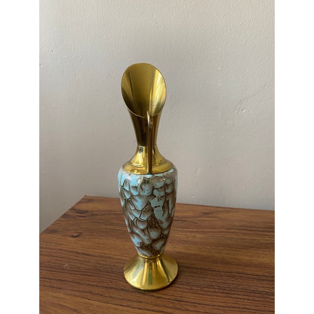 Paint Vintage Mid-Century Modern Brass Pitcher/Vase Green Enamel For Sale - Image 7 of 8