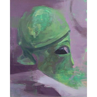 Silence Is a Priority by Elena Burykina | Oil on panel Abstract green figure with a large eye For Sale