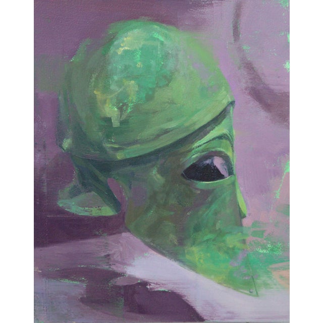 Silence Is a Priority by Elena Burykina | Oil on panel Abstract green figure with a large eye For Sale