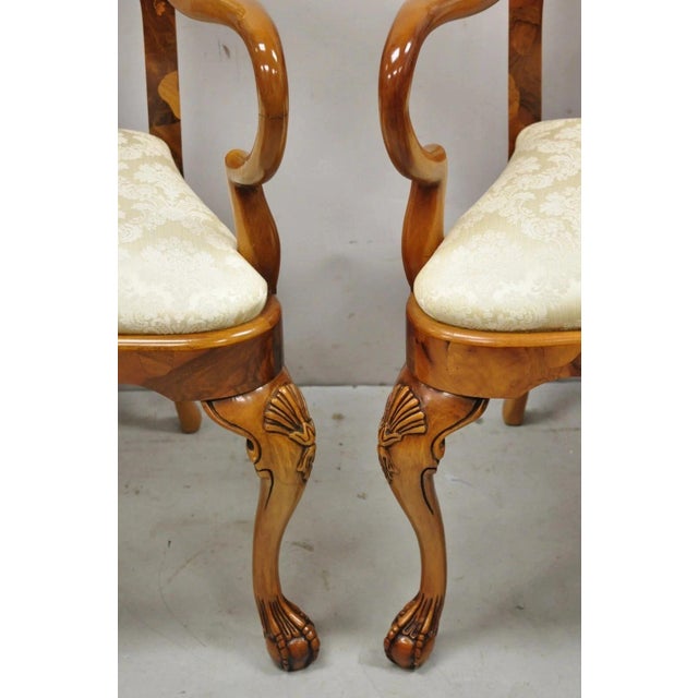 Vintage Queen Anne Style Italian Burl Wood Marquetry Inlay Arm Chairs - A Pair For Sale - Image 12 of 12