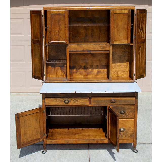 Mid-Century Modern Antique Early 1900s Hoosier Cabinet Dutch Kitchenet Solid Wood Enamel Pull-Out Work Surface Coppes Brothers & Zook Original Hardware For Sale - Image 3 of 15