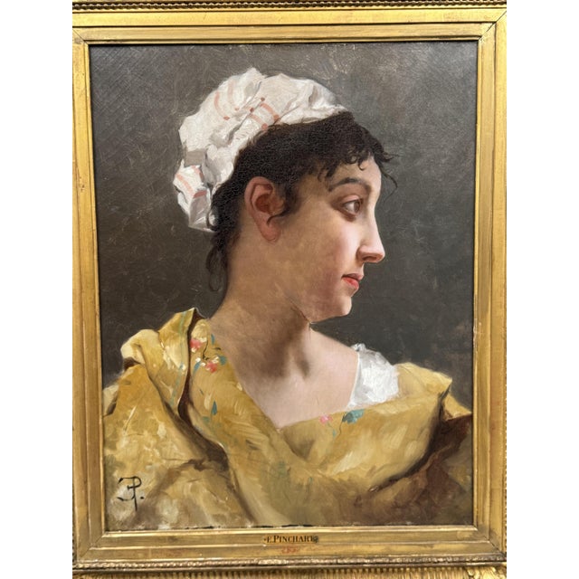 After Emile Pinchart, Profile Portrait of a Woman, 1800s, Oil Painting on Canvas, Framed For Sale - Image 3 of 12